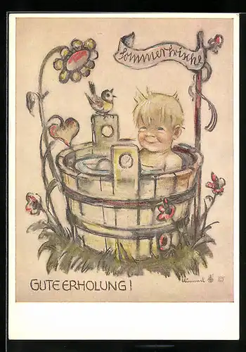 Künstler-AK Hummel: Kleiner Junge sitzt im Badezuber