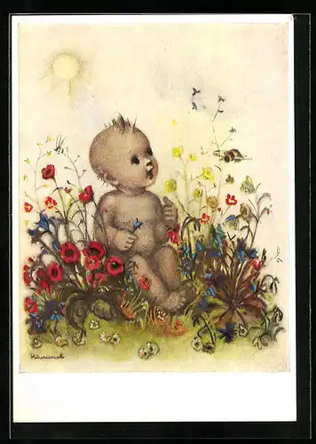 Künstler-AK Hummel: Nacktes Kleinkind sieht eine Wespe