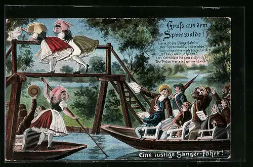 AK Eine lustige Sänger-Fahrt, Herren blicken auf zwei Spreewälderinnen in Tracht