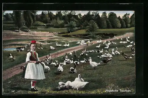 AK Hessische Tracht, Mädchen hütet Gänse