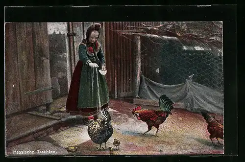 AK Hessische Trachten, Frau füttert Hühner
