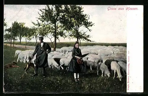 AK Gruss aus Hessen, Hirtenpaar in hessischer Tracht mit Schafen