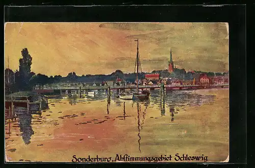 AK Sonderburg /Schleswig, Uferpartie mit Kirche