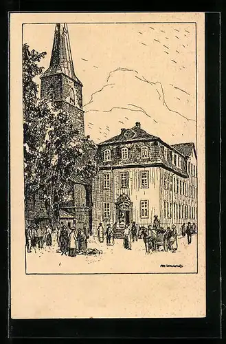 Künstler-AK Otto Ubbelohde: Hameln, Rathaus und Marktkirche a. Pferdemarkt