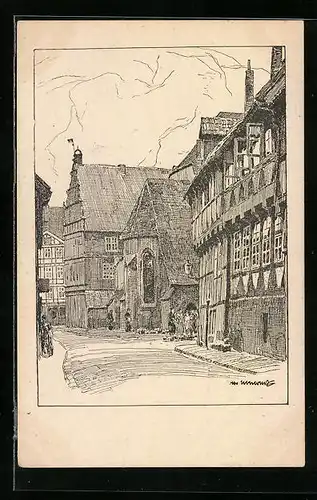 Künstler-AK Otto Ubbelohde: Hameln, Blick auf Marktkirchenchor und Hochzeitshaus