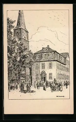 Künstler-AK Otto Ubbelohde: Hameln, Rathaus und Marktkirche vom Pferdemarkt gesehen