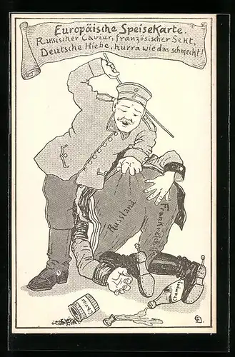 AK Deutscher Soldat schlägt russische und französische Gegner, Propaganda 1. Weltkrieg