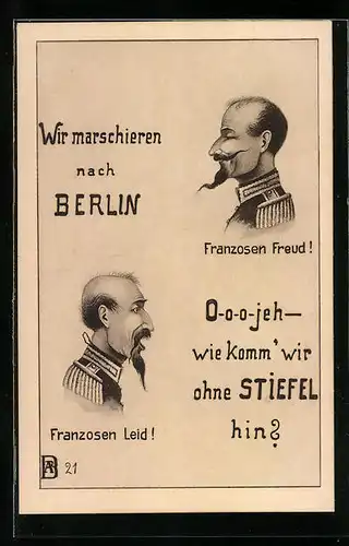 Künstler-AK Berlin, Franzosen Freud und Leid, Soldat in Uniform, Propaganda 1. Weltkrieg