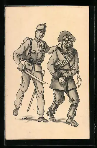 AK Deutscher Soldat hält russischen Gegner im Nacken, Propaganda 1. Weltkrieg