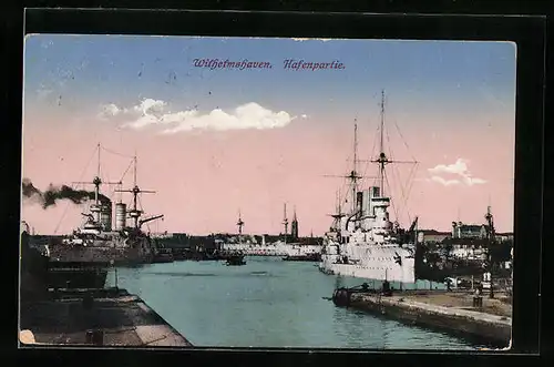 AK Wilhelmshaven, Hafenpartie mit Kriegsschiffen