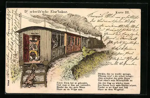 Künstler-AK D` schwäb` sche Eise`bahne, Mann zieht seinen Bock hinter dem Zug