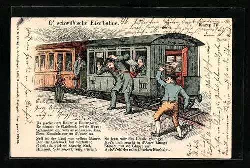 Künstler-AK D` schwäb`sche Eise`bahne, Mann mit Ziegenkopf schimpft den Schaffner, Eisenbahn