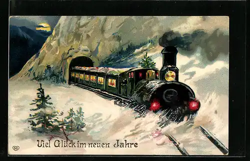 Künstler-AK Viel Glück im neuen Jahre, Eisenbahn auf winterlicher Bergfahrt