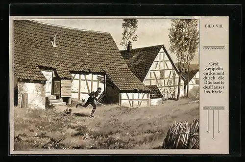 Künstler-AK Graf Zeppelin entkommt durch die Rückseite des Hauses ins Freie