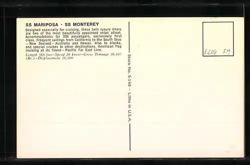 AK Passagierschiff SS Mariposa auf ruhiger See