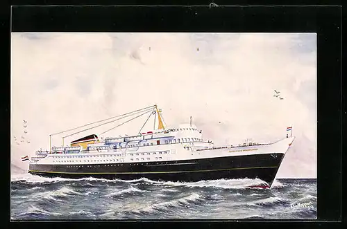 Künstler-AK Passagierschiff MS Koningin Wilhelmina bei leichter Dünung