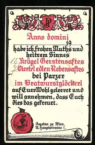 AK Wien, Trinkerurkunde Gasthaus Parzer Bratwurstglöckerl