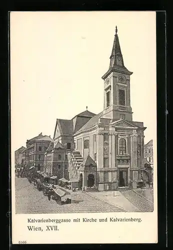 Künstler-AK Wien-Hernals, Kalvarienberggasse mit Kirche und Kalvarienberg