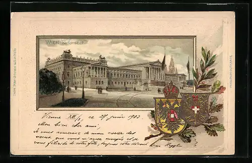 Passepartout-Lithographie Wien, Parlament mit Wappen