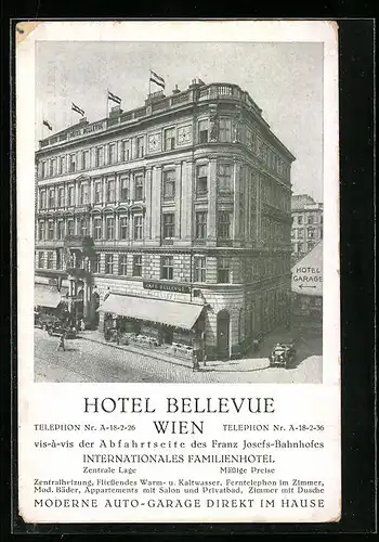 AK Wien, Hotel Bellevue, vis-a-vis Franz Josef-Bahnhof