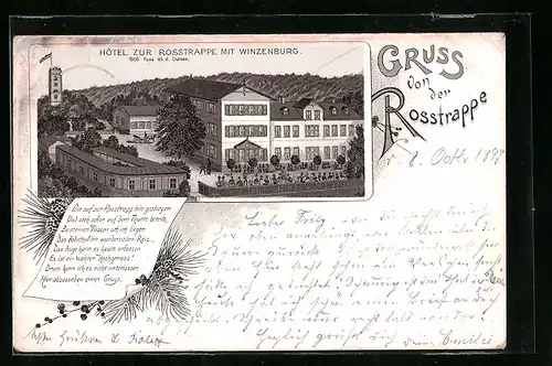 Lithographie Thale, Hotel zur Rosstrappe mit Winzenburg