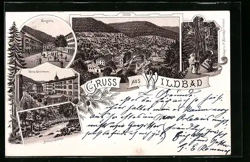 Lithographie Wildbad, Kurplatz, König Karlstrasse, Anlagenpartie