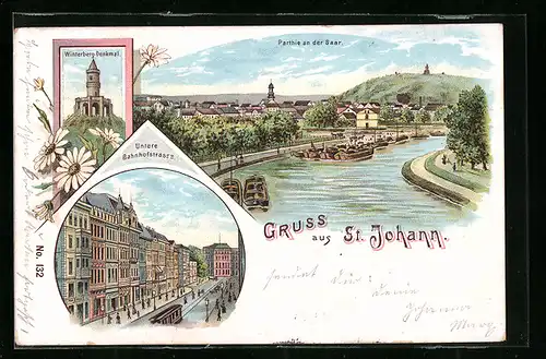 Lithographie St. Johann, Partie an der Saar, Winterberg-Denkmal, Untere Bahnhofstrasse