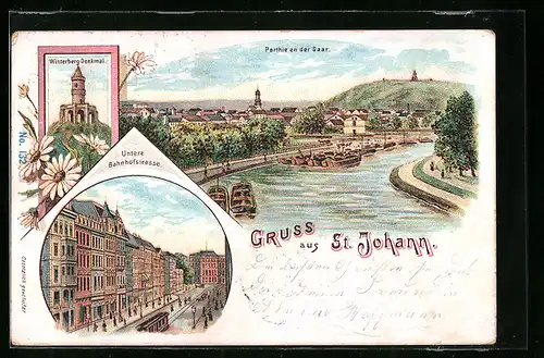 Lithographie St. Johann, Partie an der Saar, Winterberg-Denkmal, Untere Bahnhofstrasse