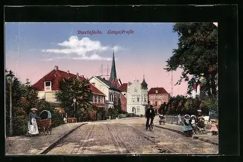 AK Buxtehude, Langestrasse mit Radfahrer und Kindern