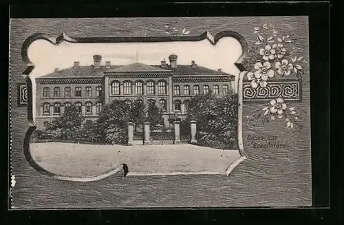 Passepartout-AK Eckernförde, Gruss mit herrschaftlichem Gebäude