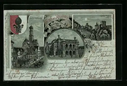 Mondschein-Lithographie Augsburg, Rothes Thor, St. Ulrichskirche, Theater