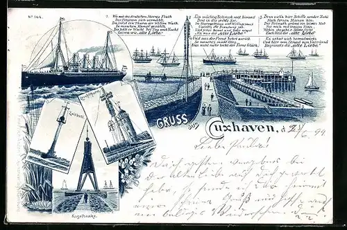 Lithographie Cuxhaven, Leuchtturm, Kugelbaake, Zeitball