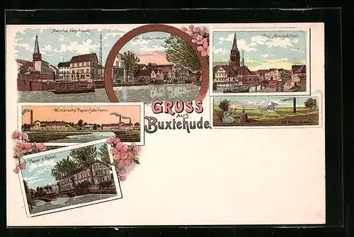 Lithographie Buxtehude, Am Marschthor, Mencks Fährhaus, Peper's Hotel