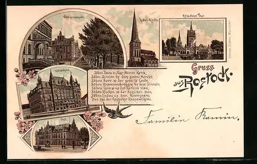 Lithographie Rostock, Petri-Kirche, Wallpromenade, Ständehaus