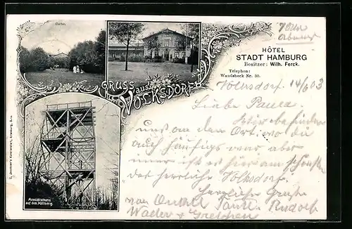 AK Volksdorf, Hotel Stadt Hamburg, Garten, Aussichtsturm auf dem Melberg