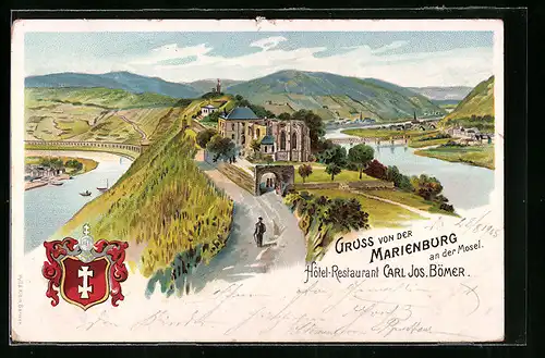 Lithographie Alf an der Mosel, Hotel-Restaurant Marienburg von Carl Jos. Bömer, Wappen