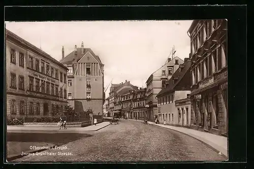 AK Olbernhau i. Erzgeb., Innere Grünthaler Strasse mit Geschäften