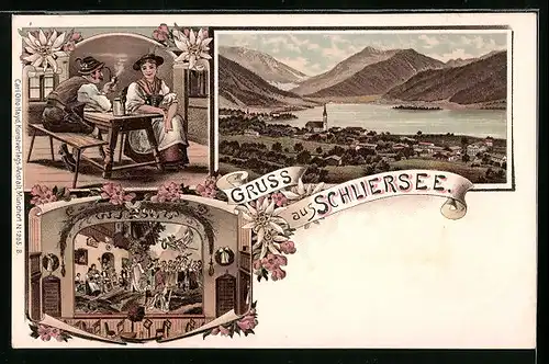 Lithographie Schliersee, Gasthaus, Innenansicht, Teilansicht