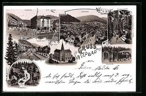Lithographie Wildbad, Trinkhalle, Villa Krauss, Kurplatz