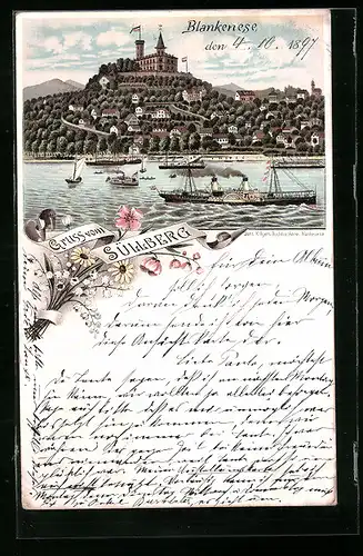 Lithographie Hamburg-Blankenese, Hotel auf dem Süllberg mit Dampfern