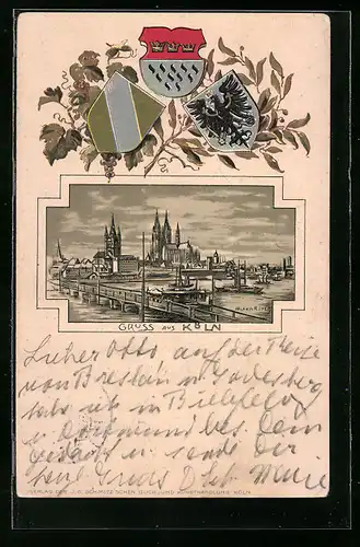 Passepartout-Lithographie Köln, Uferpartie mit Dom, Wappen