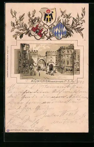 Passepartout-Lithographie München, Karlstor, Wappen