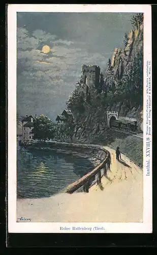 Künstler-AK Philipp + Kramer Nr. XXVIII /8: Rattenberg, Ruine und Eisenbahntunnel im Mondlicht