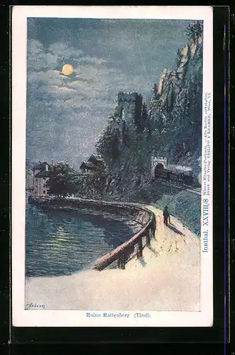 Künstler-AK Philipp + Kramer Nr. XXVIII /8: Rattenberg, Ruine und Eisenbahntunnel bei Nacht
