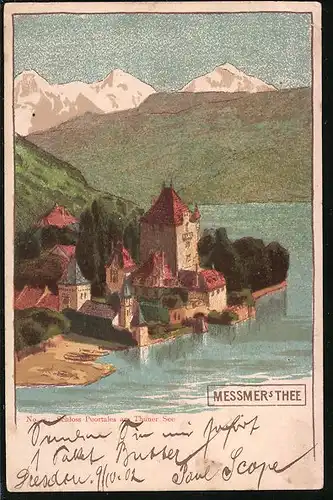 Künstler-AK Neuchatel, Schloss Portales am Thuner See, Reklame für Messmers Tee