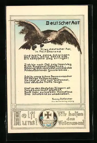 AK Flieg deutscher Aar in Feindesland..., Fanny Schleicher, Propaganda 1. Weltkrieg
