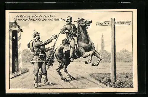 Künstler-AK Paris, Deutscher Soldat zu Pferde am Wegweiser Paris-Petersburg, Propaganda 1. Weltkrieg