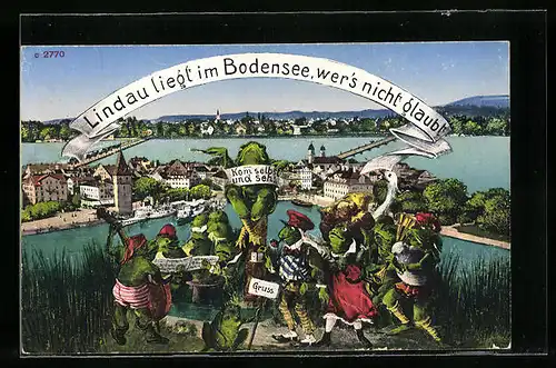 AK Lindau im Bodensee, Teilansicht mit singenden Fröschen, vermenschlichte Tiere