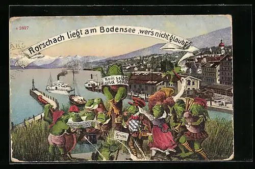 AK Rorschach am Bodensee, Teilansicht mit singenden Fröschen und Dampfern, vermenschlichte Tiere