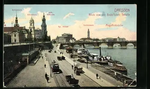 AK Dresden, Schlossturm, Fernheizwerk und Augustusbrücke mit Strassenbahn